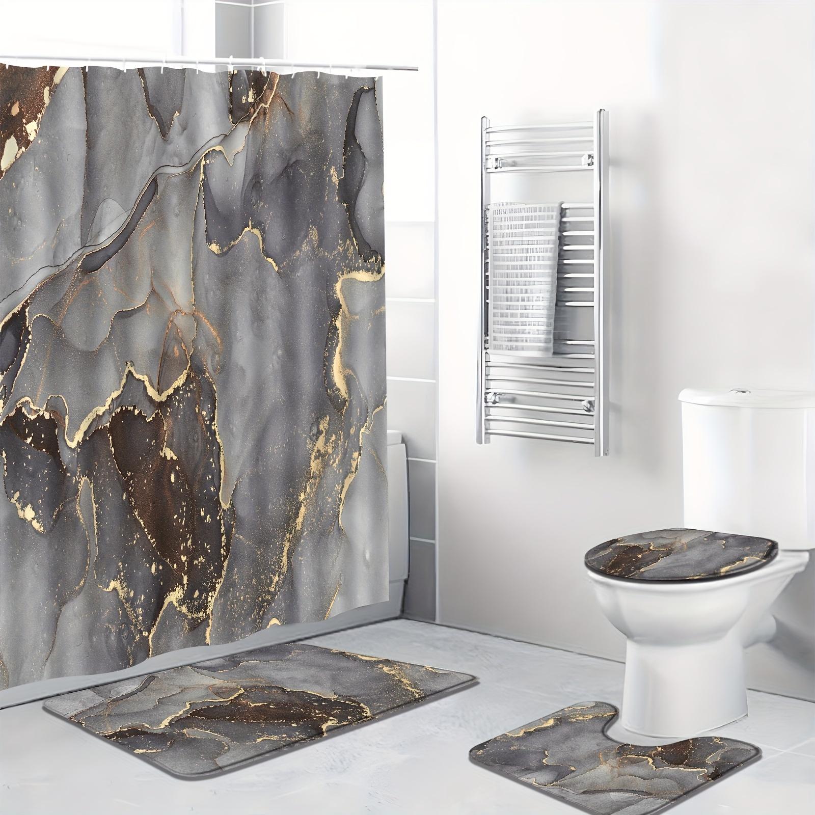 Set baie 4 piese: perdea, covorase si husa de toaleta, Gold Marble