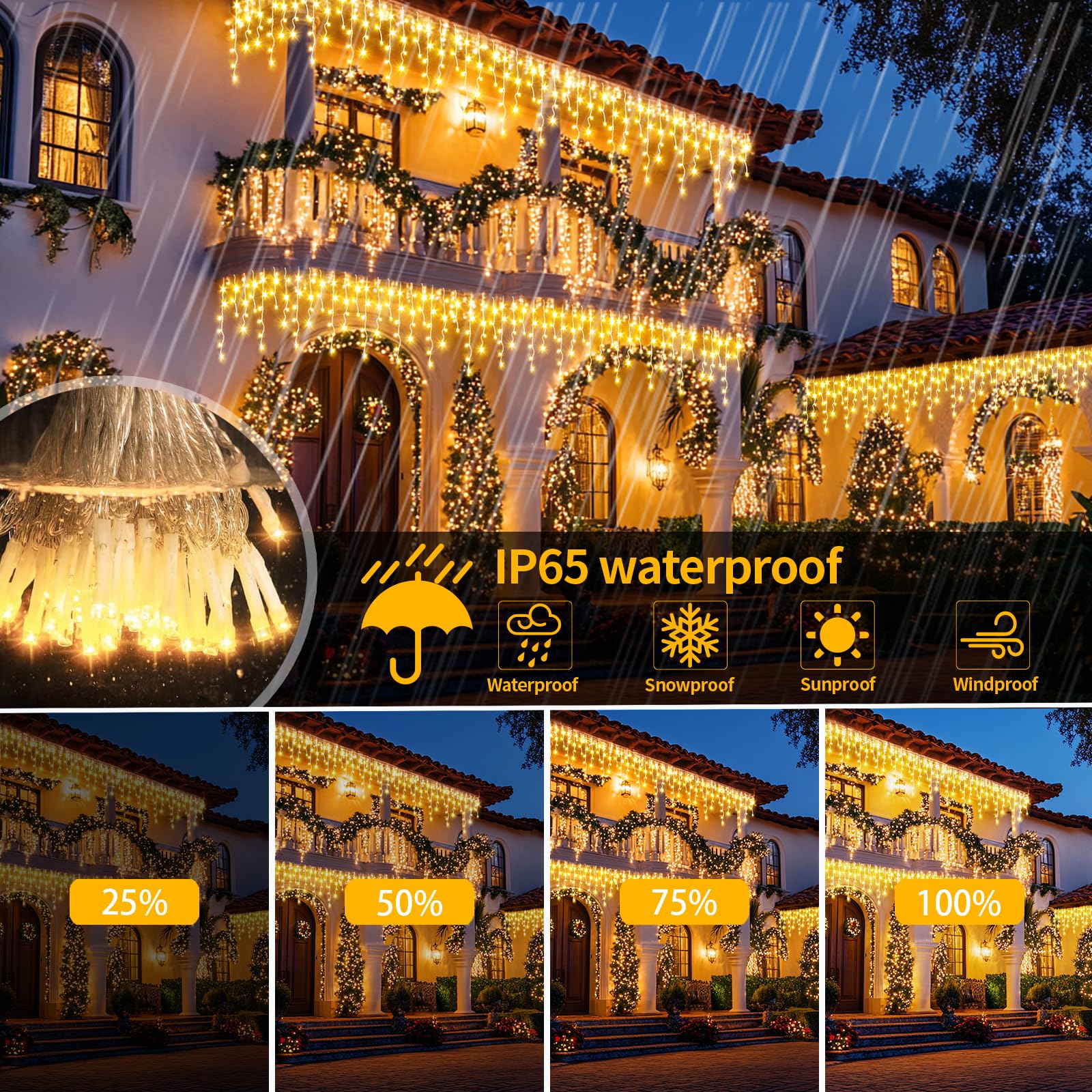 Instalatie franjuri 320 LED, Alb cald, 12 metri