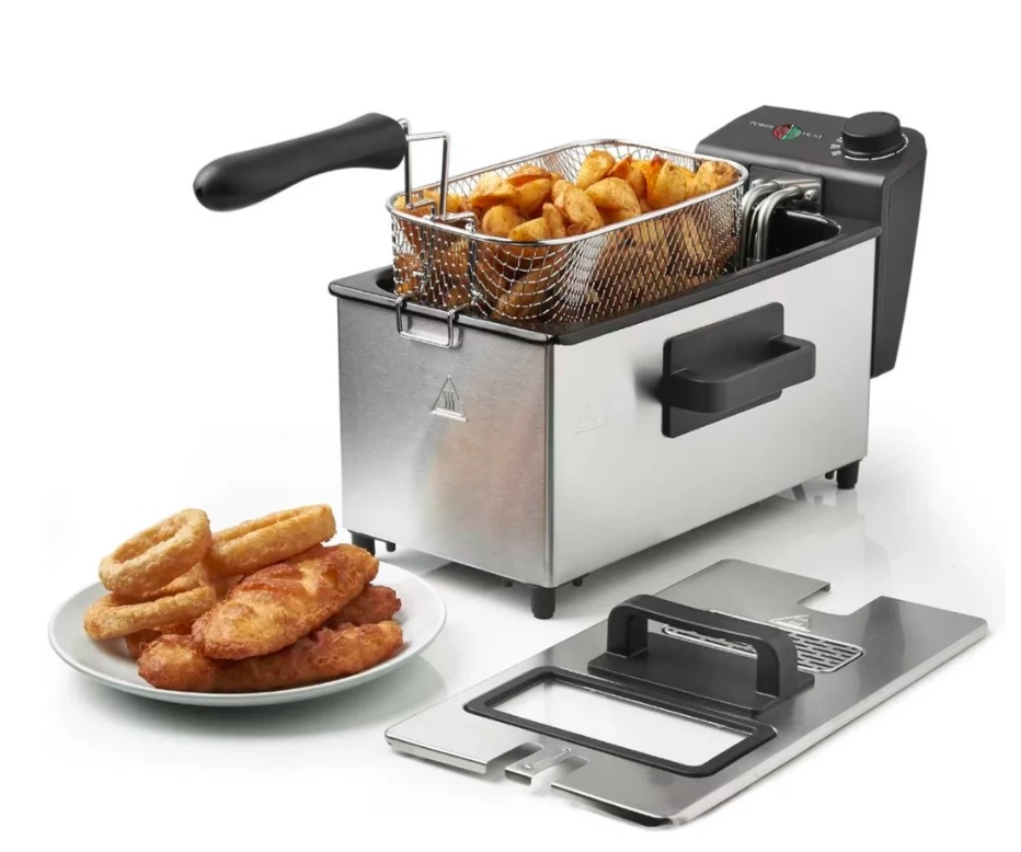 Friteuza electrica din inox, 3 litri, 2000 W, termostat, capac transparent