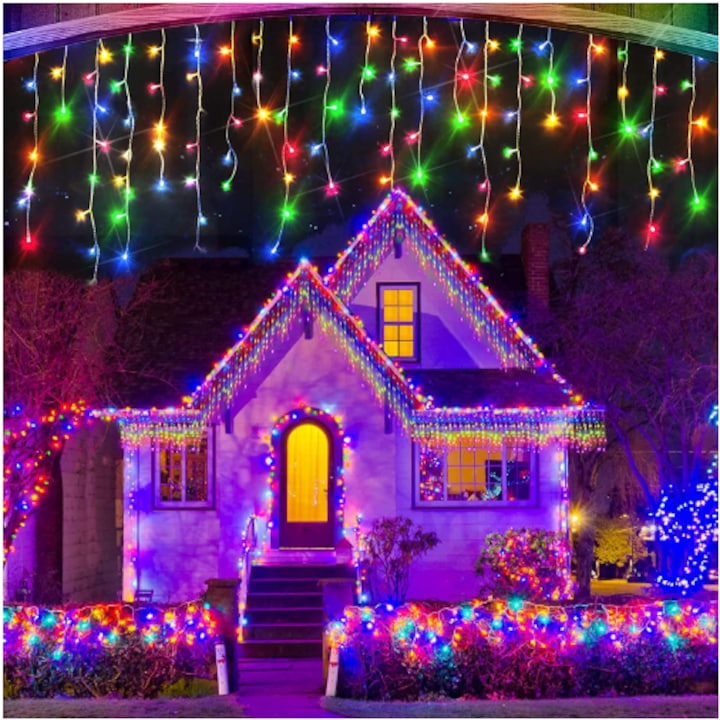 Instalatie de Craciun tip franjuri cu Flash 10 metri, Multicolor