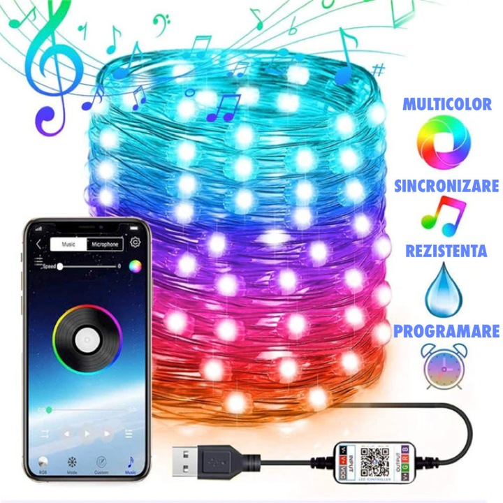 Instalatie de Craciun RGB 10 Metri, Control Bluetooth prin Aplicatie