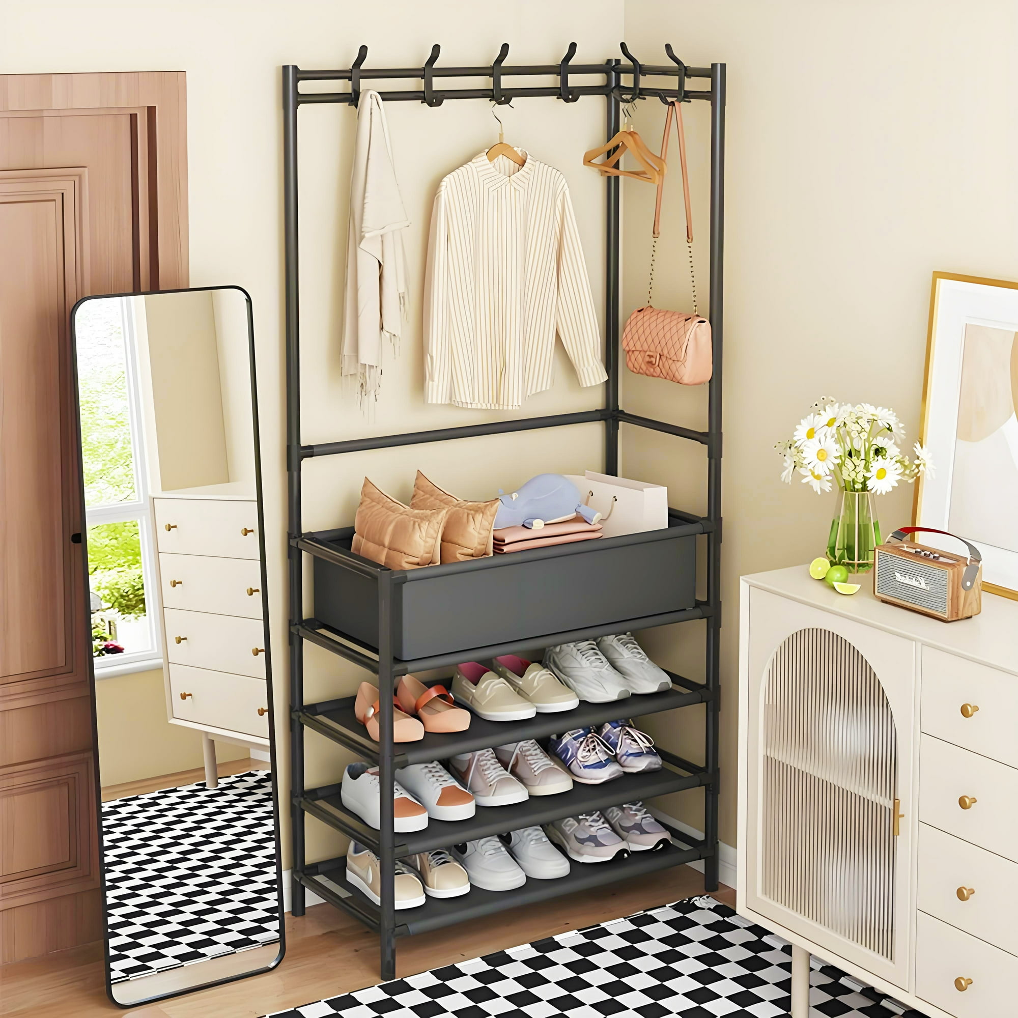 Cuier metalic cu rafturi 4 niveluri, 154 cm, Negru