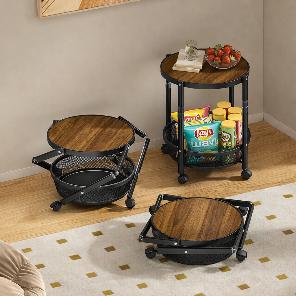 Masa pliabila cu roti si raft metalic, blat rotund, 38 x 52 cm