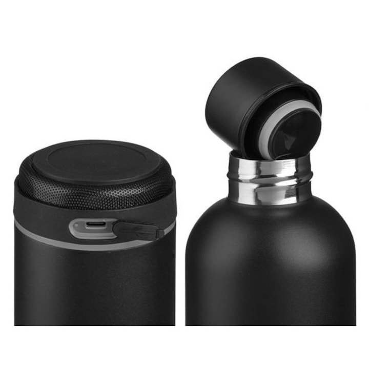 Termos cu boxa Bluetooth, 430 ml, otel inoxidabil, Negru