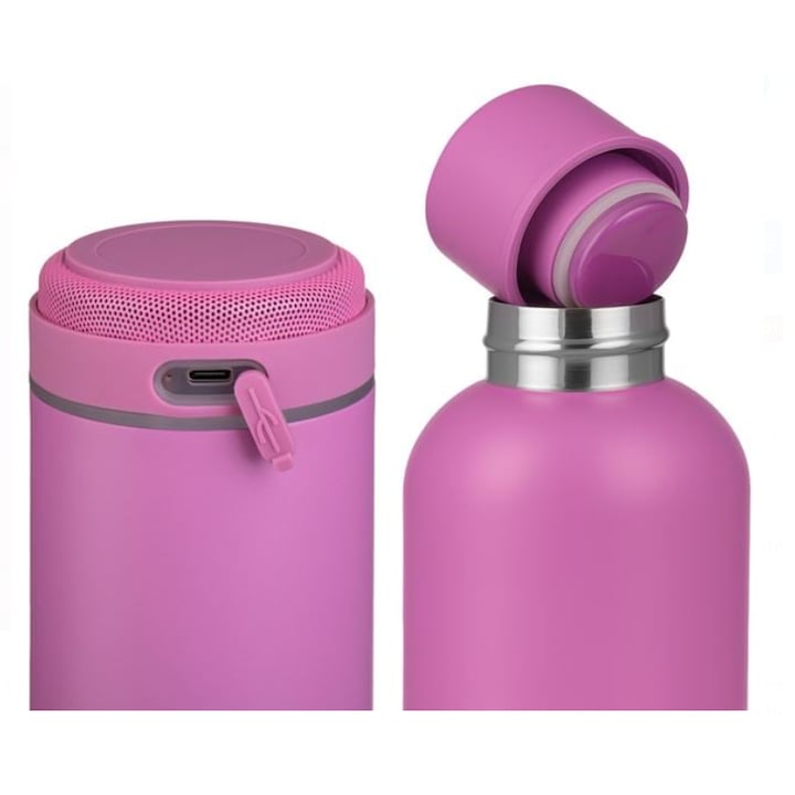 Termos cu boxa Bluetooth, 430 ml, otel inoxidabil, Roz
