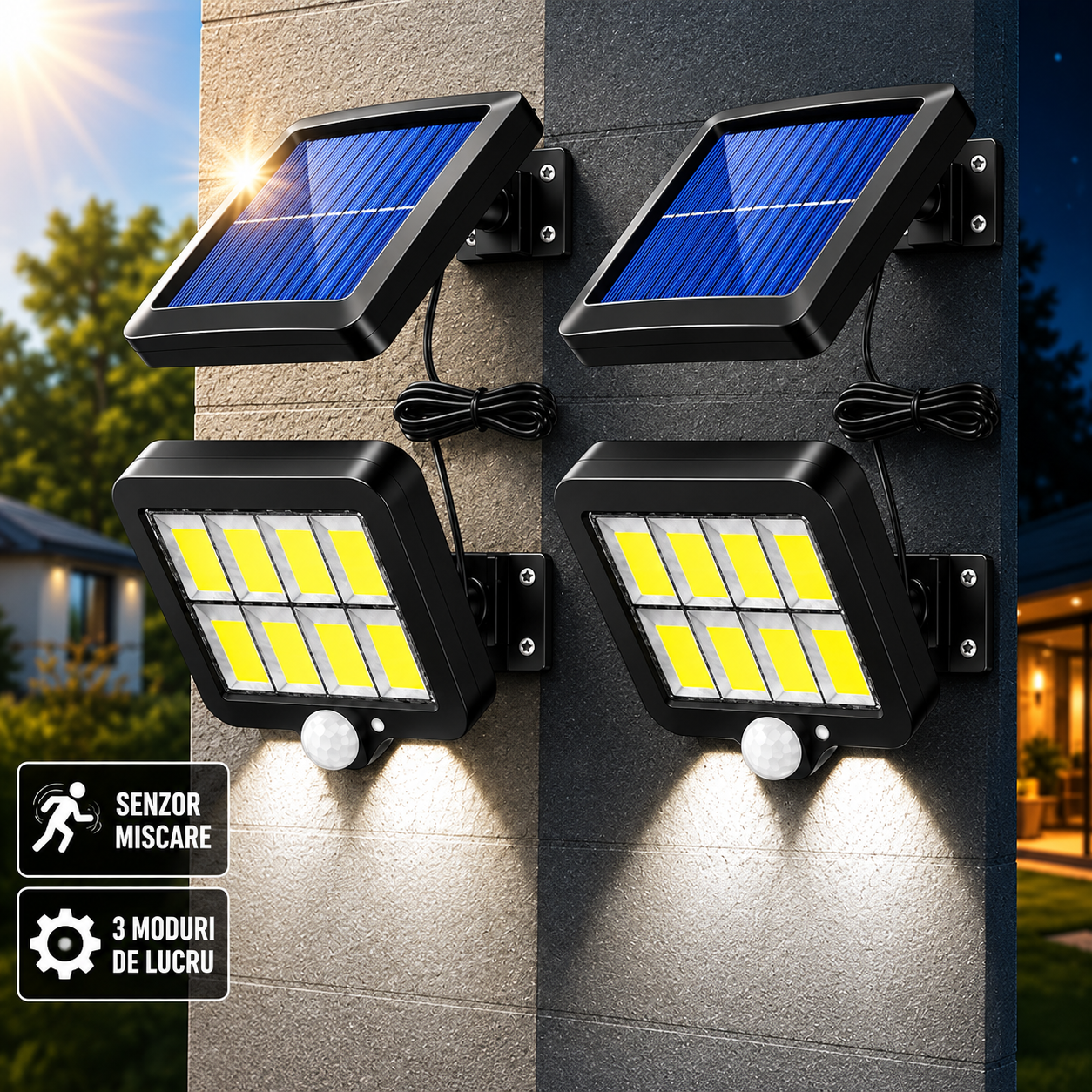 Set 2 x Proiector solar 160 LED 8 COB, Senzor de lumina si miscare