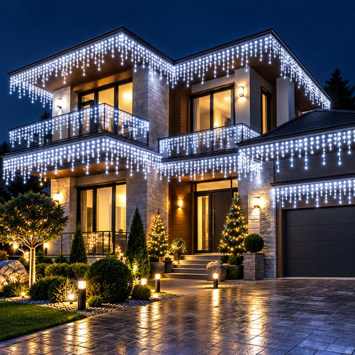 Instalatie franjuri 300 LED, 12 Metri lungime, Alb rece