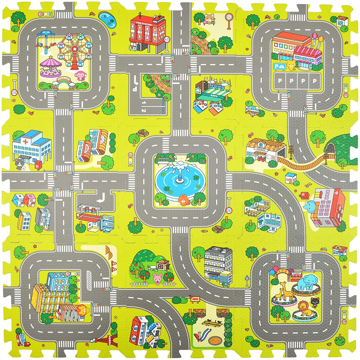 Covoras Puzzle din spuma, 9 bucati, cu imprimeu stradal si animale