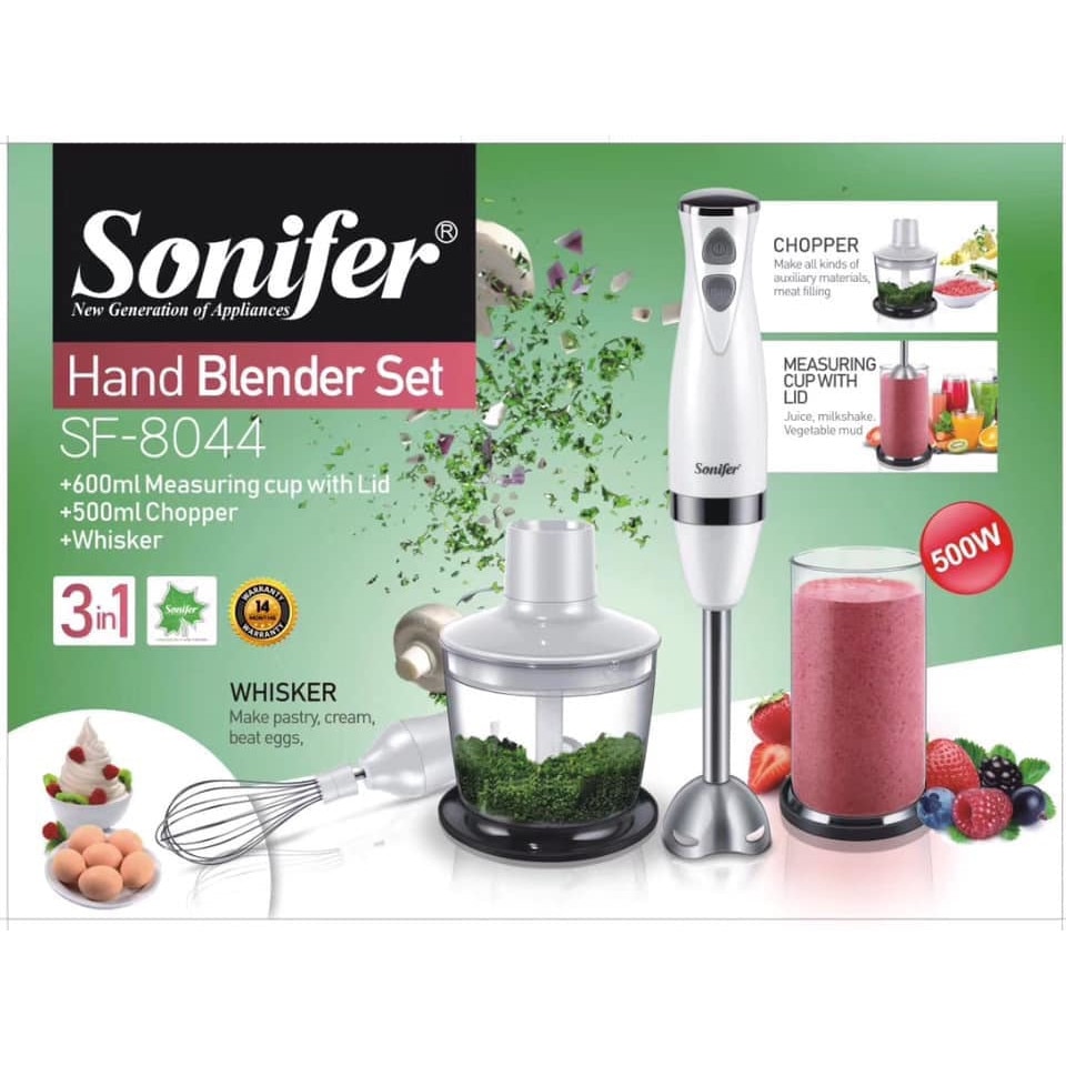 Set Blender 3 in 1, 500 W, Mixer vertical, functie Turbo, Alb