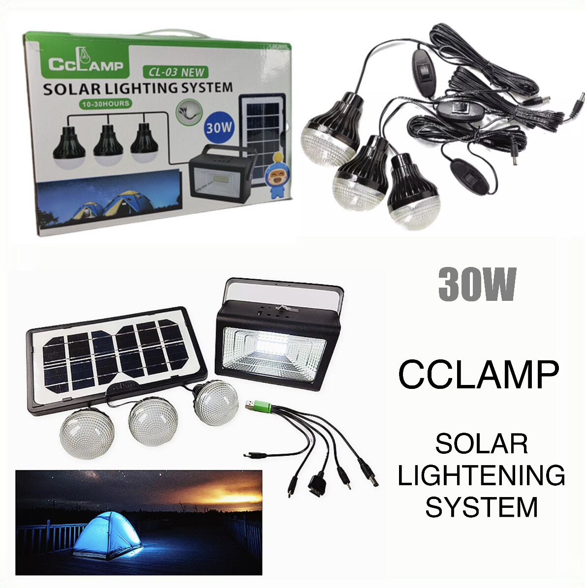 Sistem solar de iluminat cu 3 becuri LED SMD, 30 W