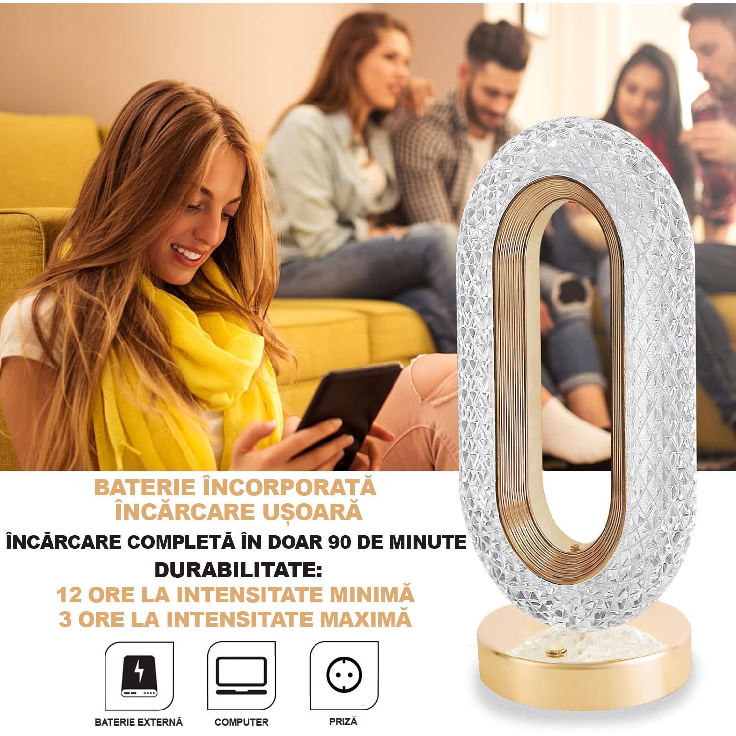 Oferta 1+1 - Lampa Diamond, Touch, USB, 3 moduri