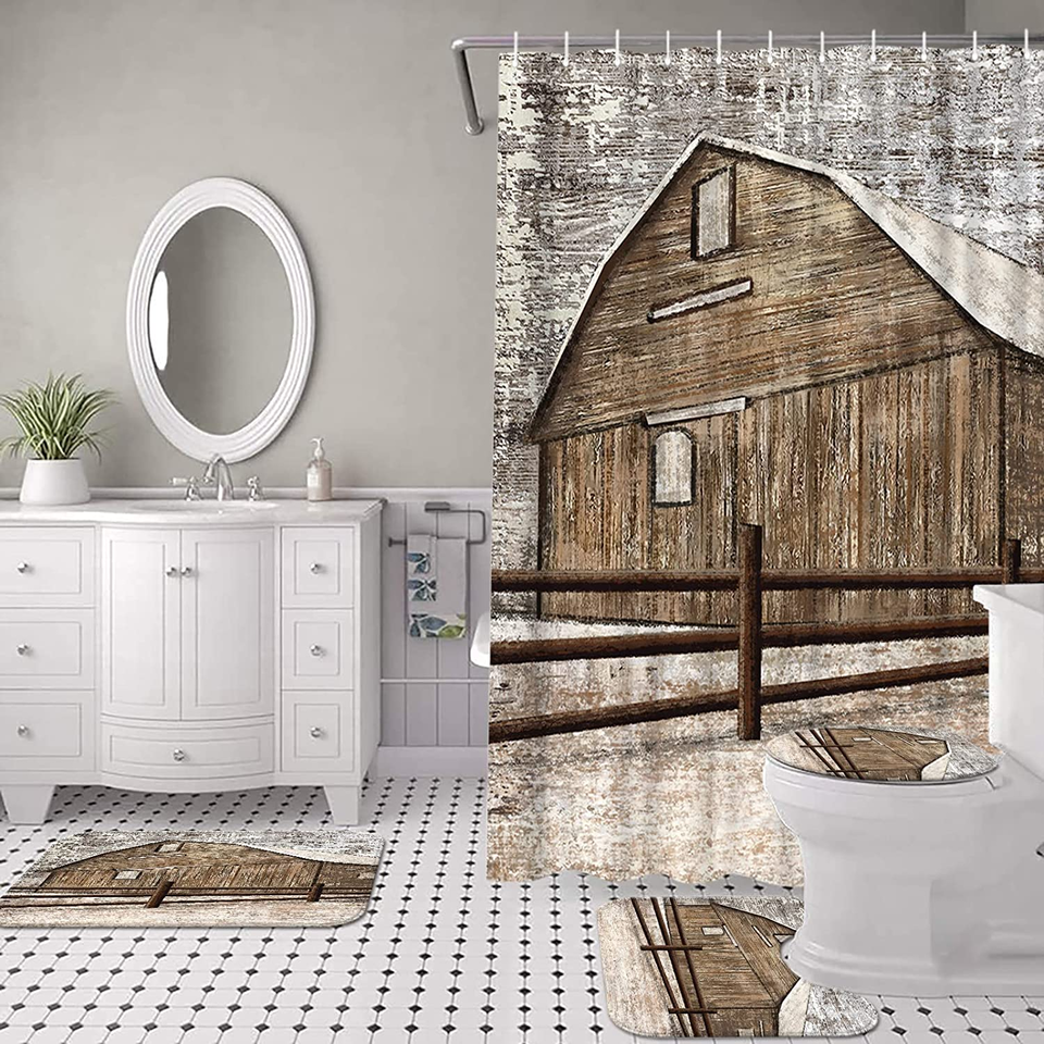 Set baie 4 piese: perdea, covorase si husa de toaleta, Rustic Farm