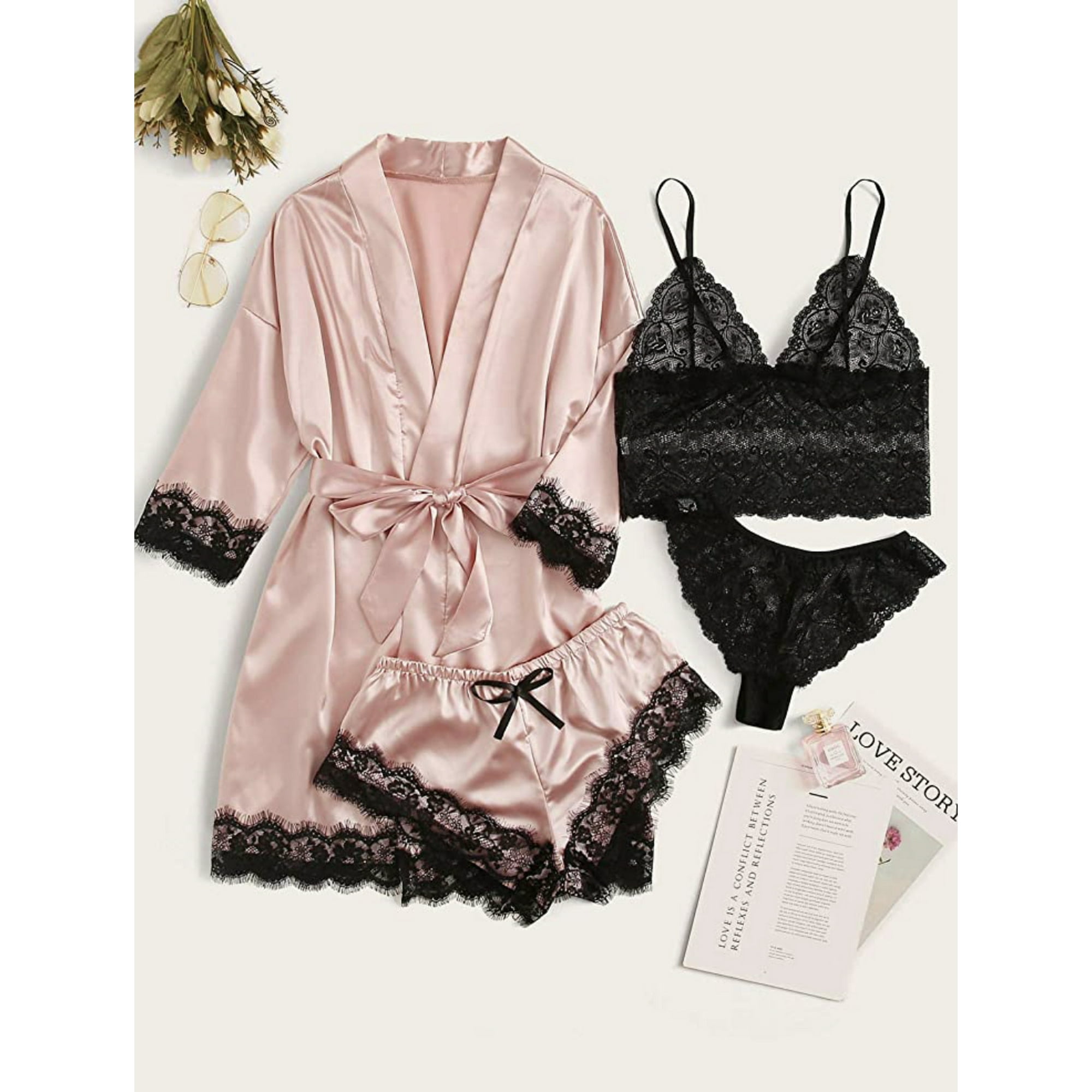 Set 4 piese, Pijama satin Dama, Roz/Negru