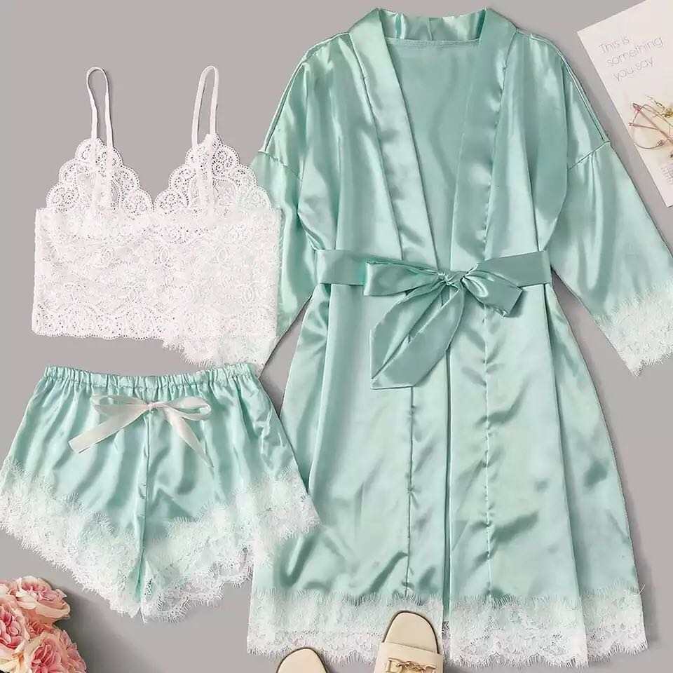 Set 3 piese, Pijama din satin si dantela, Verde/Alb