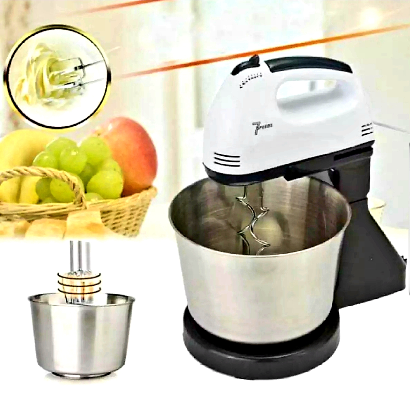 Mixer cu bol 350 W, 7 viteze, 2 teluri, 2 spirale