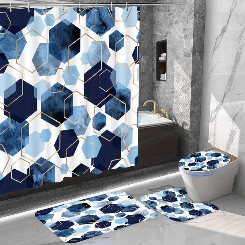 Set baie 4 piese: perdea, covorase si husa de toaleta, Blue Hexagon