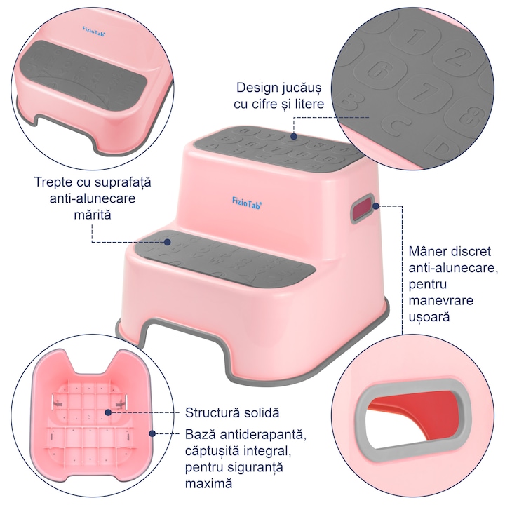 Scaunel inaltator WC pentru copii, FizioTab®Kids, Roz/Gri