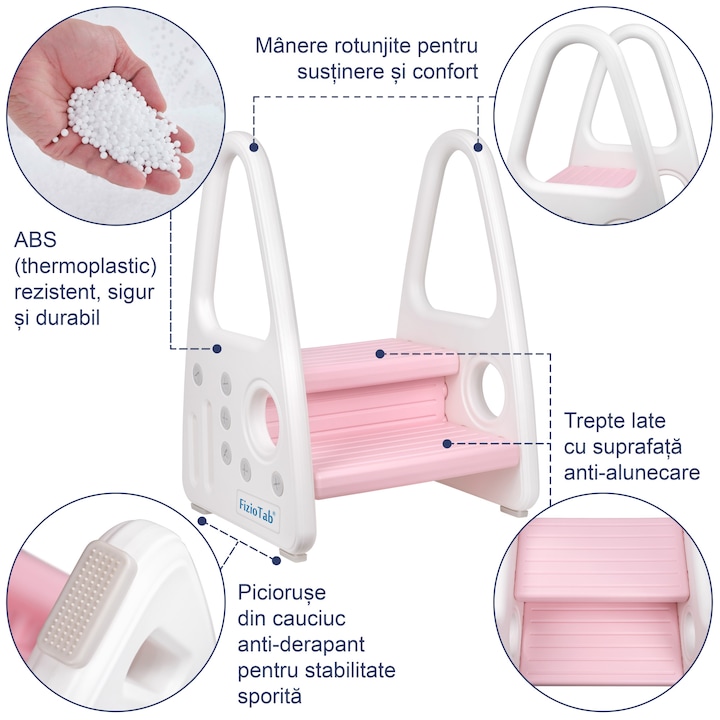 Inaltator cu manere pentru copii, suprafata antialunecare, Alb/Roz