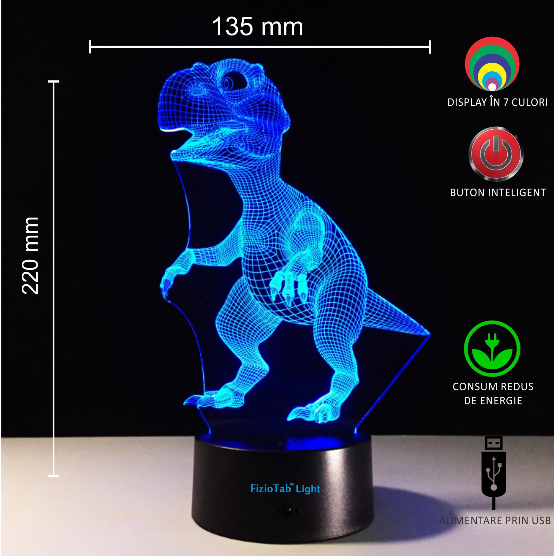 Lampa de veghe 3D, LED 7 culori, lumina ambientala - Dinozaur