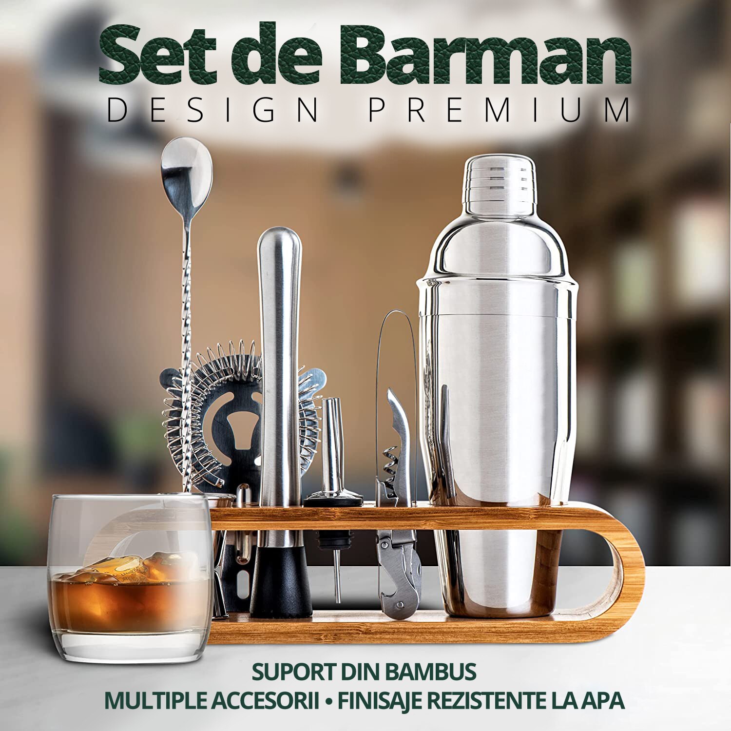 Set Cocktail Shaker, suport din bambus si 9 accesorii