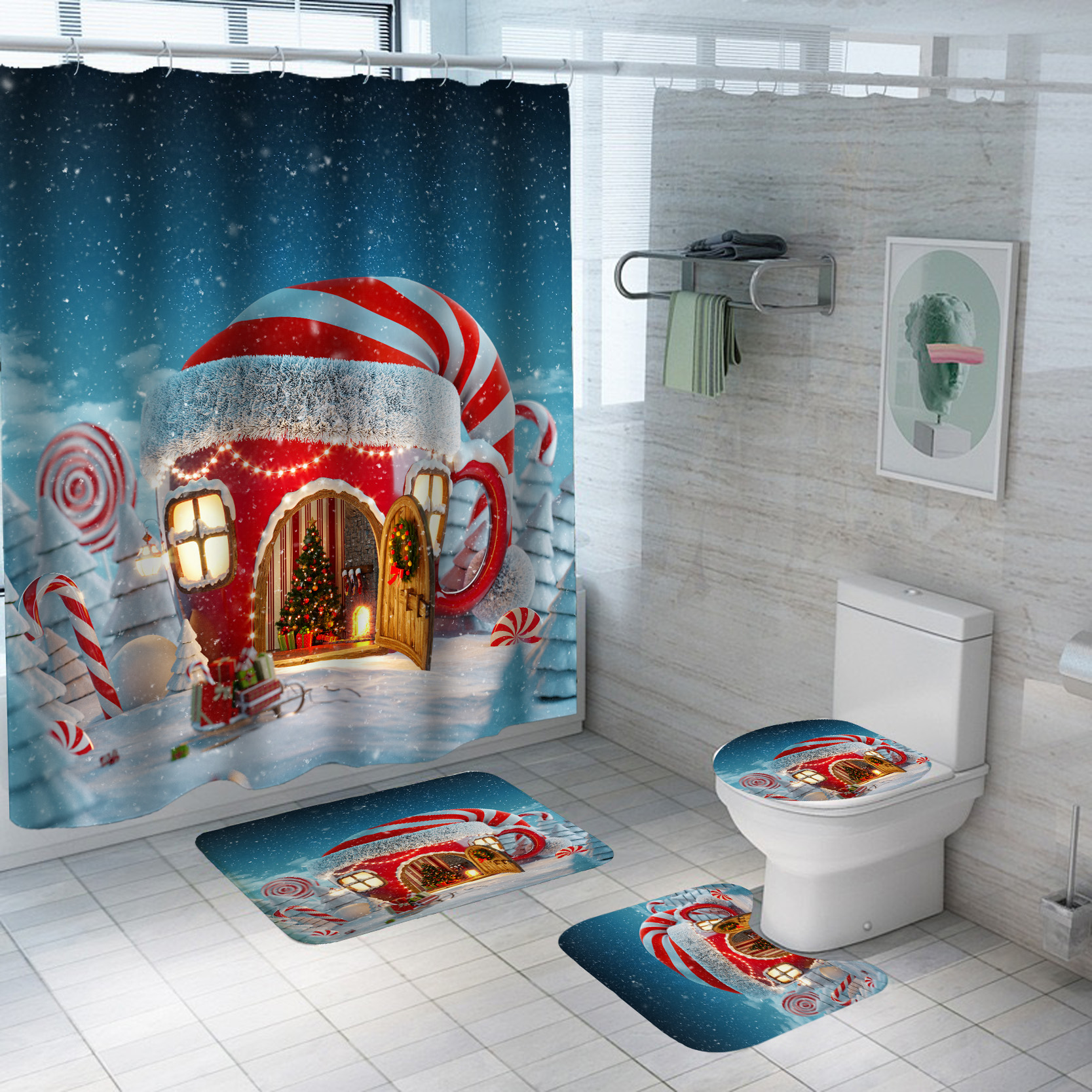 Set baie: perdea, covorase si husa de toaleta, Christmas Home