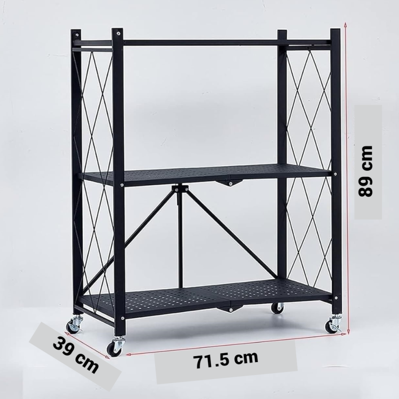 Raft depozitare, metalic, pliabil, pe roti, 3 polite, 71.5 x 39 x 89 cm