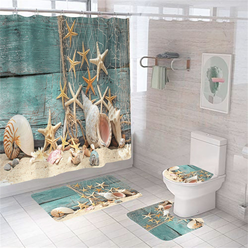 Set baie 4 piese: perdea, covorase si husa de toaleta, Ocean Shells