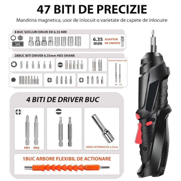 Surubelnita electrica, fara fir, 48 piese