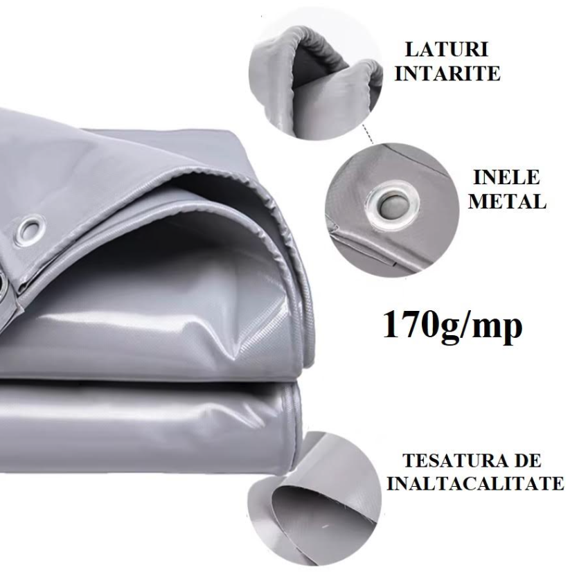 8x8 M, Prelata gri cu inele, impermeabila, rezistenta UV, 150g/mp