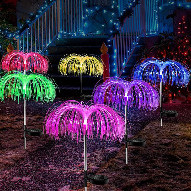Set 2 x Lampa solara tip Palmier, fibra optica LED RGB