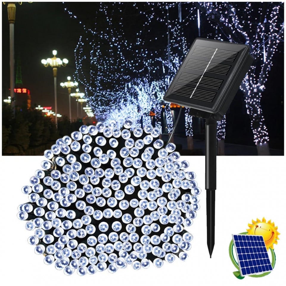 Instalatie solara 300 LED, 30 metri, Alb rece