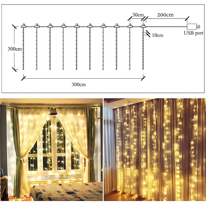 Instalatie luminoasa 3x3 Metri, 300 LED, Alb cald