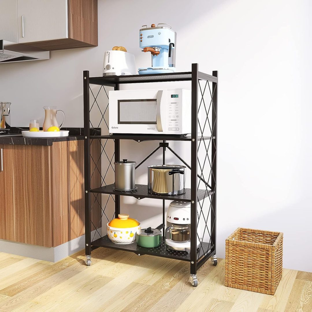 Raft metalic pliabil cu 4 polite, Negru