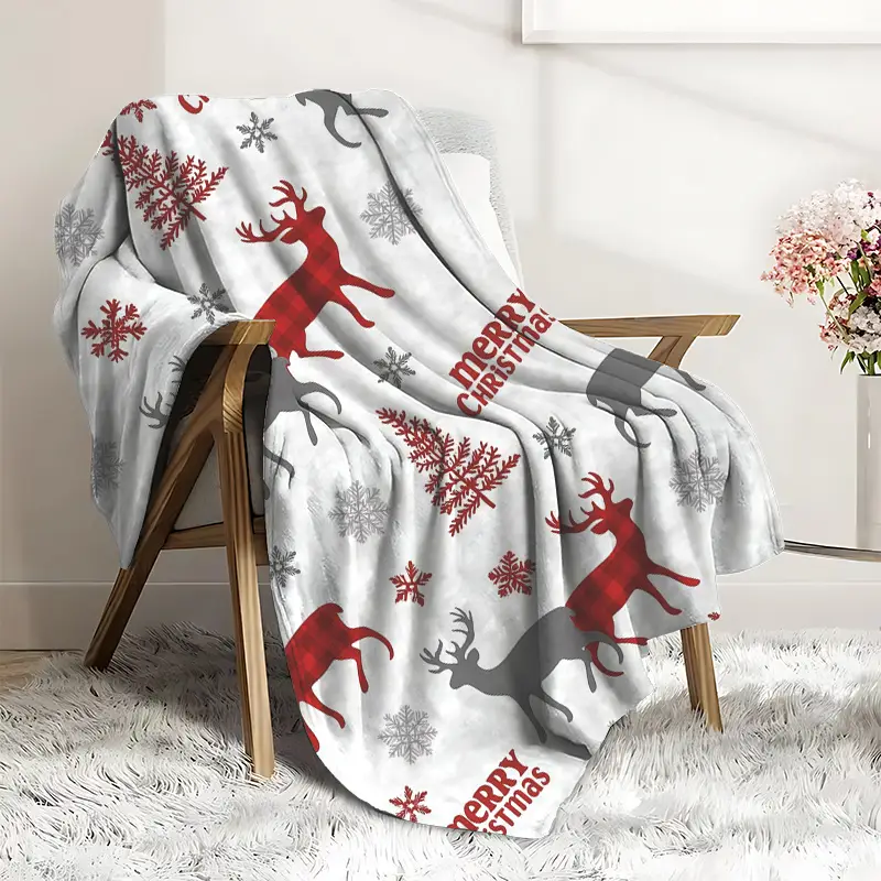 Patura cocolino Merry Christmas, 150x200 cm, model fulgi de zapada si reni