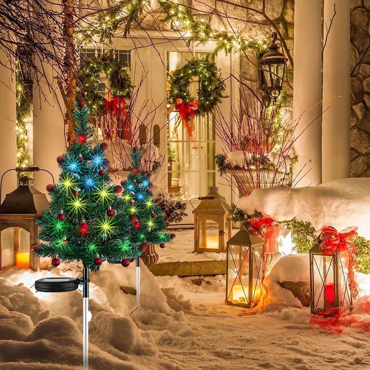 Set 4 x Lampa solara LED de Craciun, brad impodobit 68 cm
