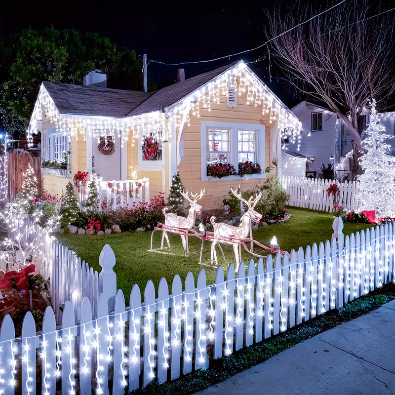 Instalatie franjuri, 500 LED, 20 metri, 8 jocuri de lumini, Alb rece