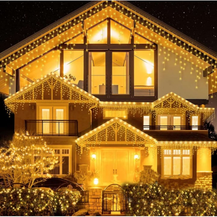 Instalatie franjuri, 500 LED, 20 metri, 8 jocuri de lumini, Alb cald