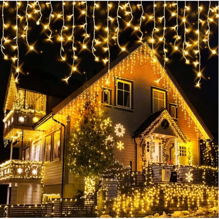 Instalatie franjuri, 500 LED, 20 metri, 8 jocuri de lumini, Alb cald