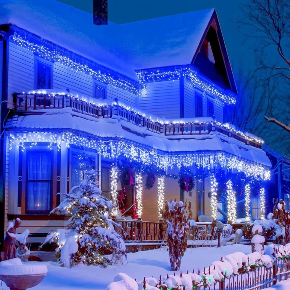 Instalatie franjuri, 500 LED, 20 metri, 8 jocuri de lumini, Albastru