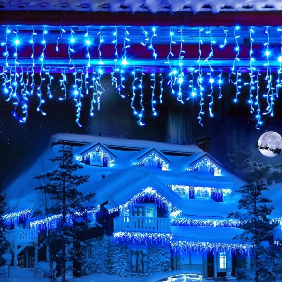 Instalatie franjuri, 500 LED, 20 metri, 8 jocuri de lumini, Albastru