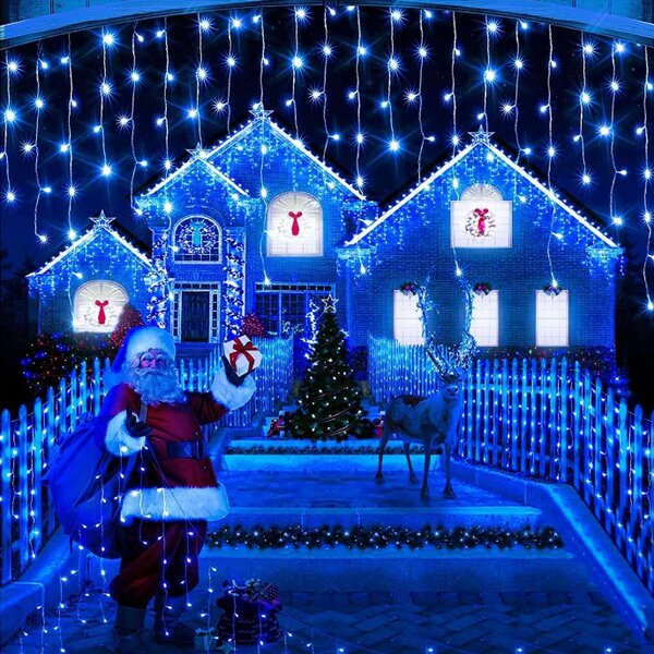 Instalatie franjuri, 300 LED, 12 metri, 8 jocuri de lumini, Albastru