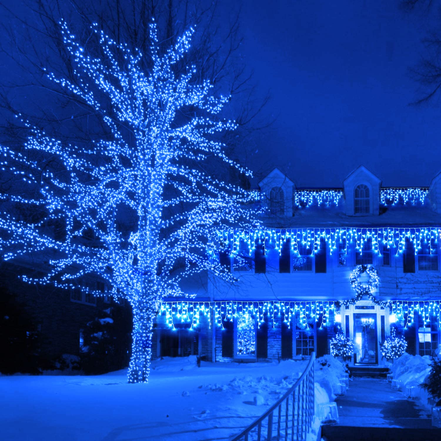 Instalatie franjuri, 300 LED, 12 metri, 8 jocuri de lumini, Albastru