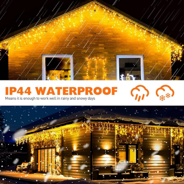 Instalatie franjuri, 300 LED, 12 metri, 8 jocuri de lumini, Alb cald