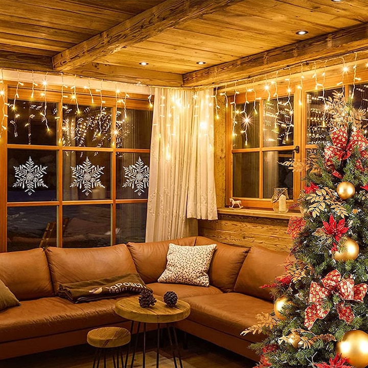 Instalatie franjuri, 300 LED, 12 metri, 8 jocuri de lumini, Alb cald