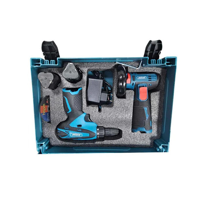 Masina de gaurit cu impact 12V + Mini polizor unghiular, 2 baterii, 5 discuri