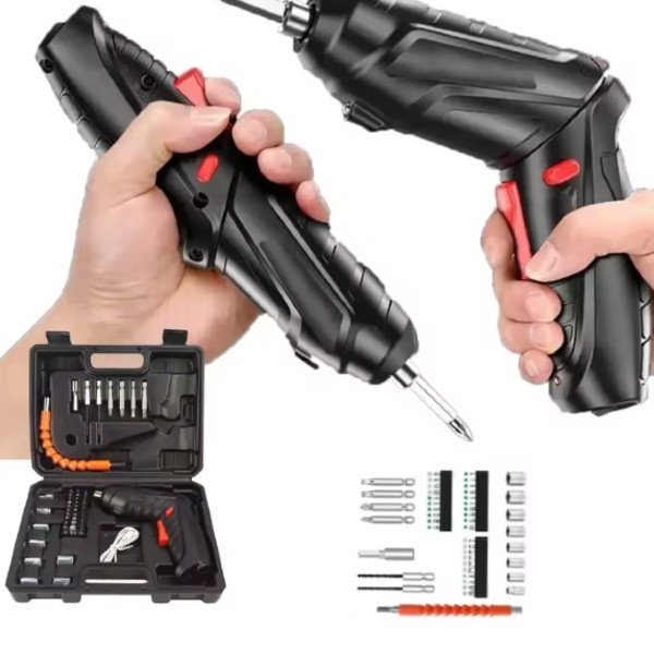 Surubelnita electrica cu acumulator, trusa 47 piese, LED, Negru