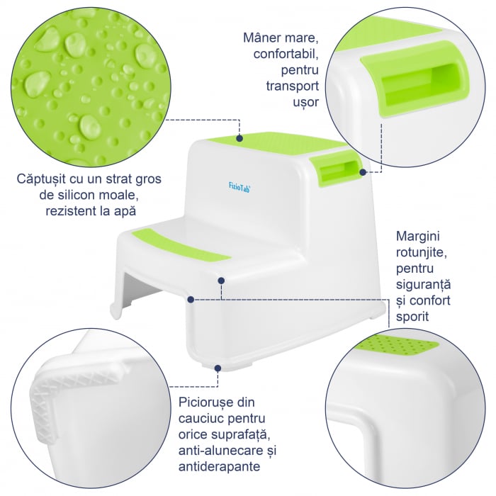 Scaunel inaltator WC pentru copii, FizioTab®Kids Two Step Stoll Alb/Verde
