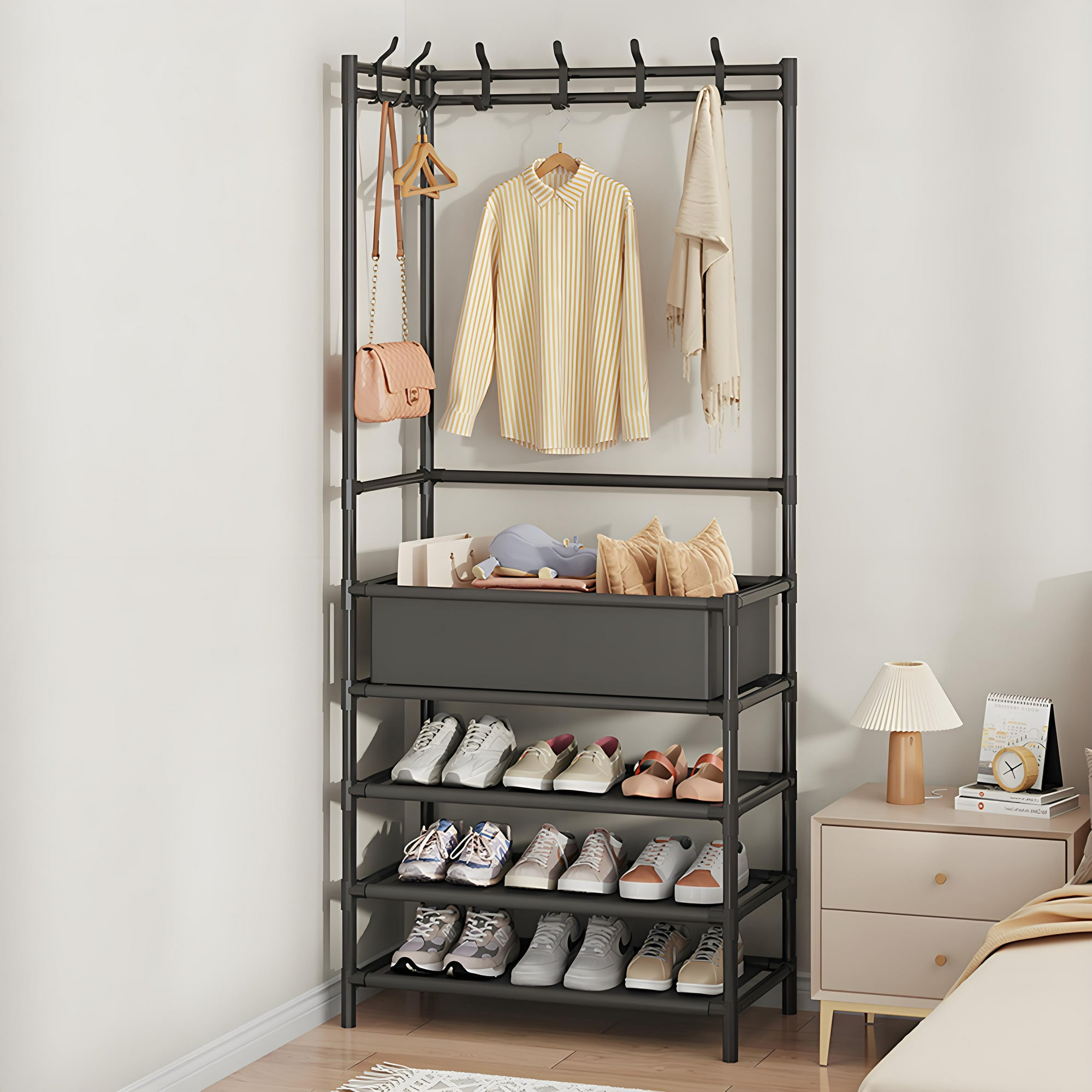 Cuier metalic cu rafturi 4 niveluri, 154 cm, Negru