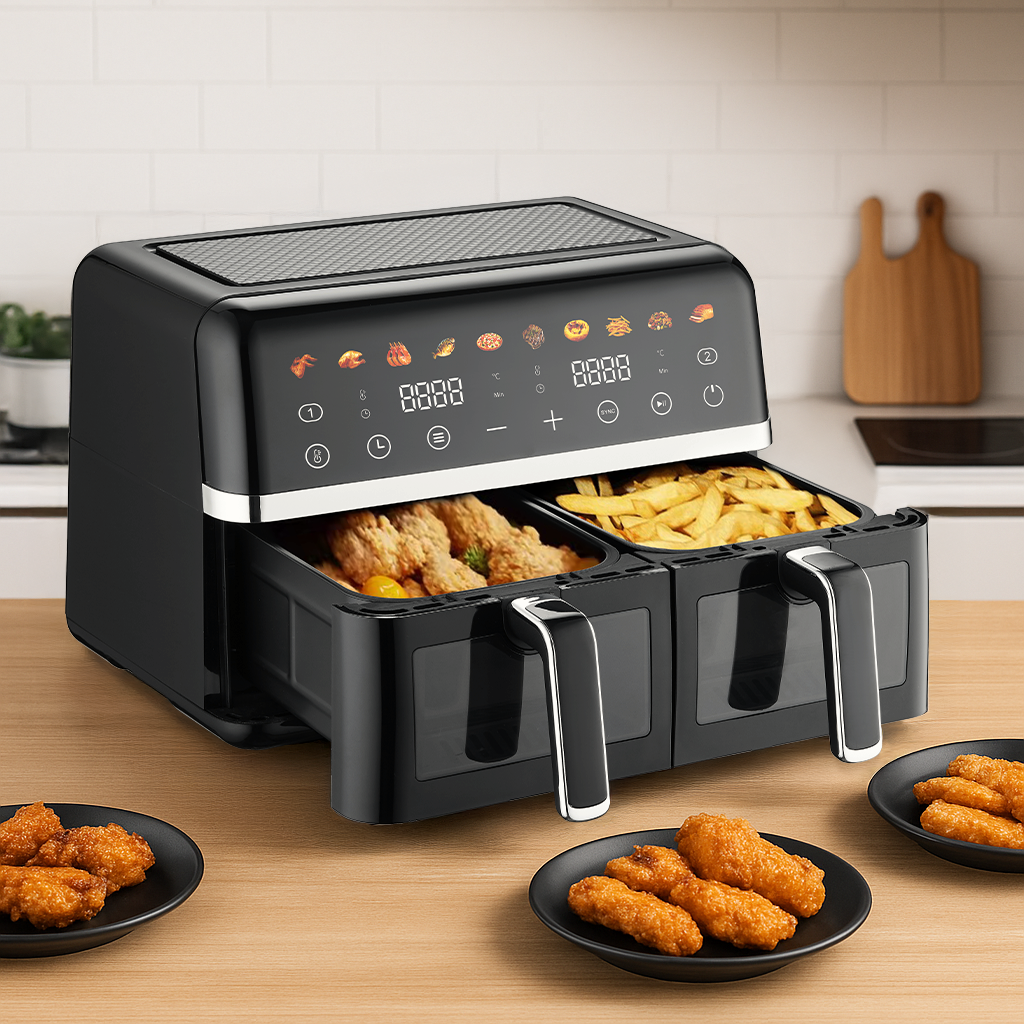 Friteuza dubla cu aer cald 3000 W, 6 litri, 8 programe