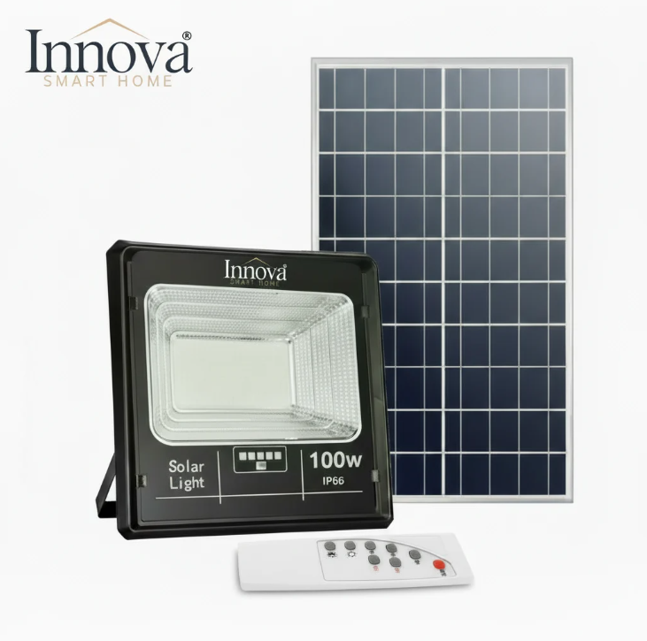 Proiector solar Innova 100 W, IP66, 6500K, telecomanda, indicator baterie